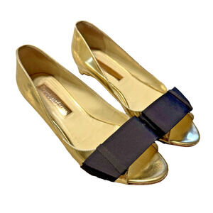 Rupert Sanderson London Gold Mirror Peep Open Toe Black Bow Retro Style Flats